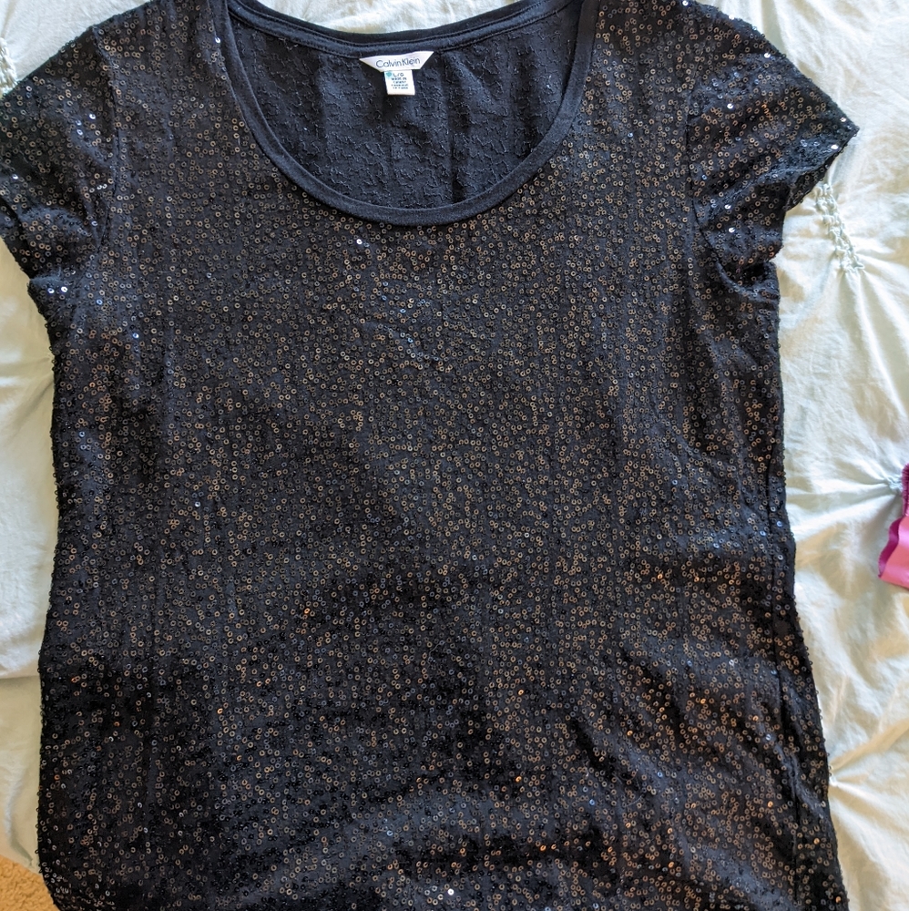 Calvin Klein Black Sequined Cotton Top L